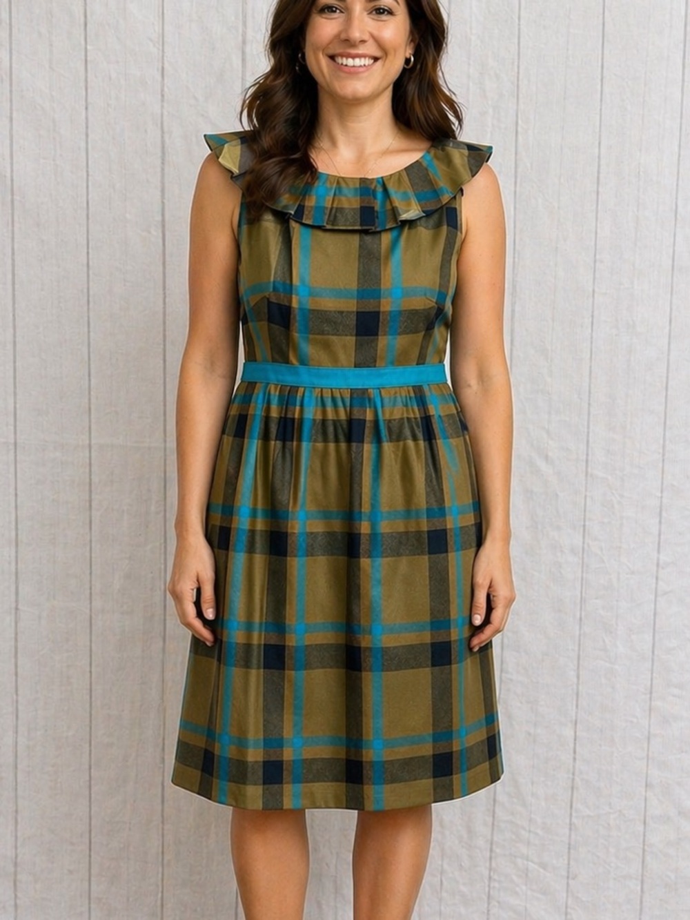 Marc by Marc Jacobs Silk Wool Blend Olive Blue Turquoise Plaid Sleeveless Dress